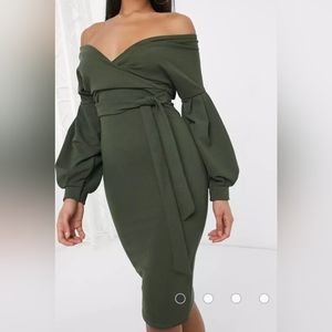 Femme Luxe off shoulder flutter sleeve pencil dress